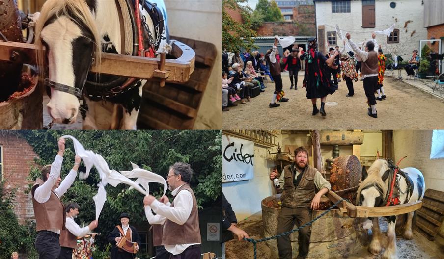 A horse pulling a traditional cider press and some morris dancers in the middle of a dance.