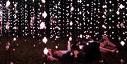 Children lay down underneath a beautiful, calming light installation.