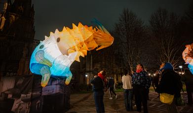 Giant multi coloured inflatable creature in a dark church garden